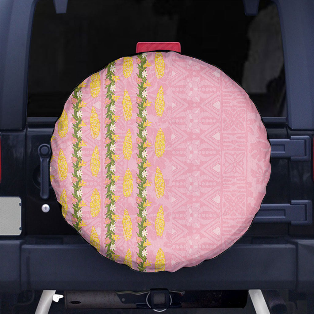 Hawaii Shell Tiare Anthurium Heliconia Lei Spare Tire Cover With Tapa Pattern Baby Pink