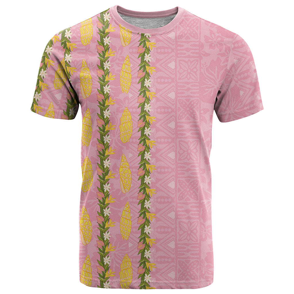 Hawaii Shell Tiare Anthurium Heliconia Lei T Shirt With Tapa Pattern Baby Pink