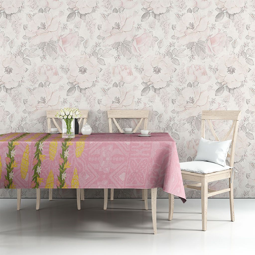 Hawaii Shell Tiare Anthurium Heliconia Lei Tablecloth With Tapa Pattern Baby Pink