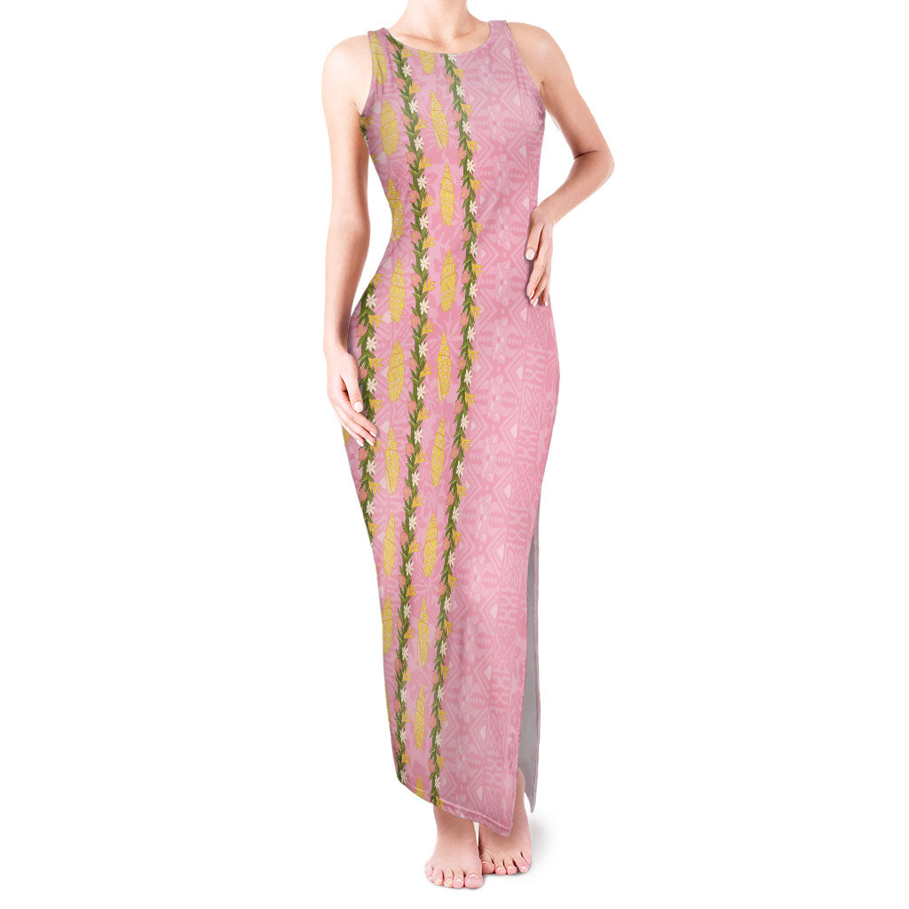 Hawaii Shell Tiare Anthurium Heliconia Lei Tank Maxi Dress With Tapa Pattern Baby Pink
