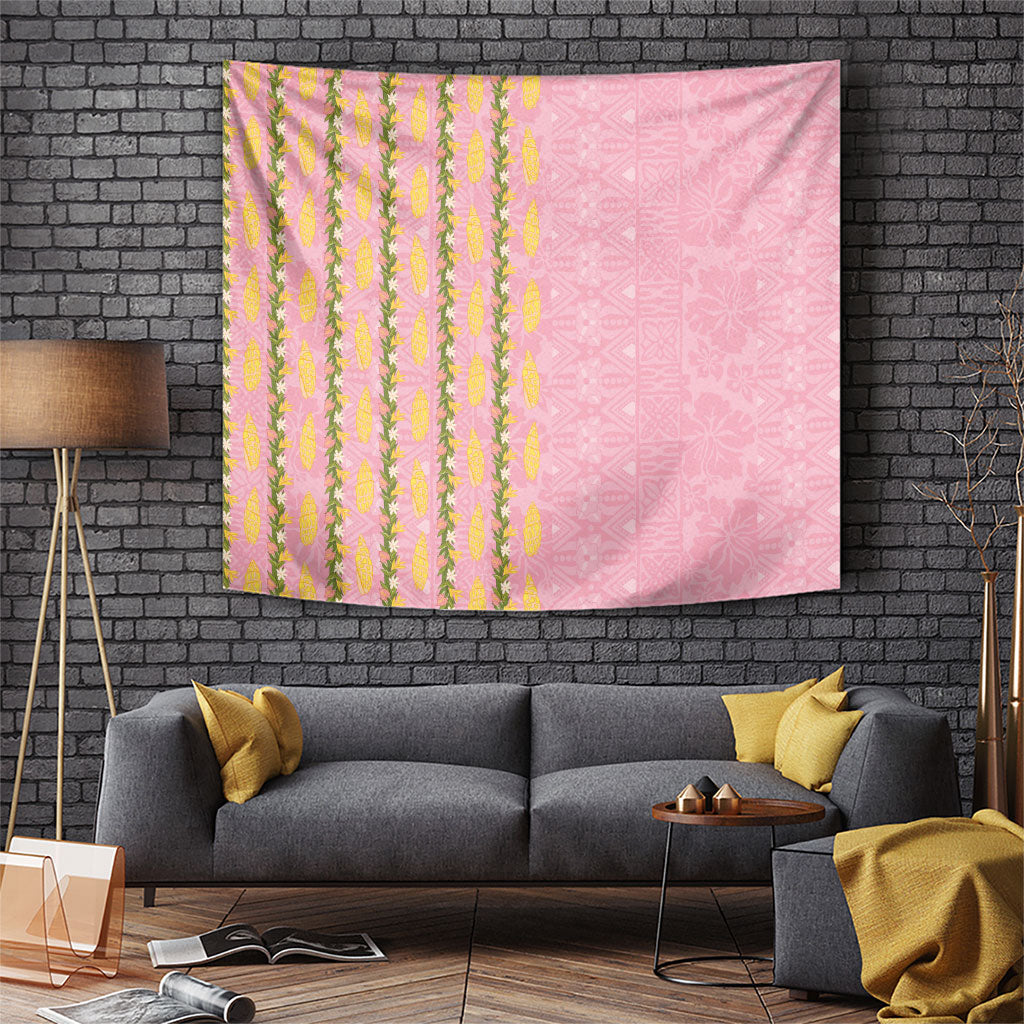 Hawaii Shell Tiare Anthurium Heliconia Lei Tapestry With Tapa Pattern Baby Pink