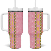 Hawaii Shell Tiare Anthurium Heliconia Lei Tumbler With Handle With Tapa Pattern Baby Pink