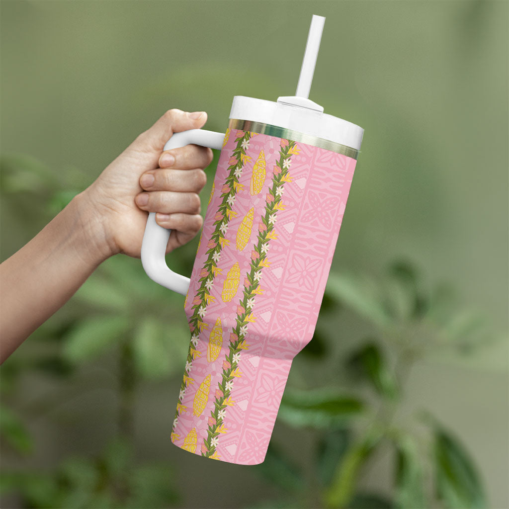 Hawaii Shell Tiare Anthurium Heliconia Lei Tumbler With Handle With Tapa Pattern Baby Pink