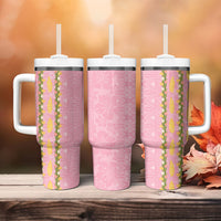 Hawaii Shell Tiare Anthurium Heliconia Lei Tumbler With Handle With Tapa Pattern Baby Pink