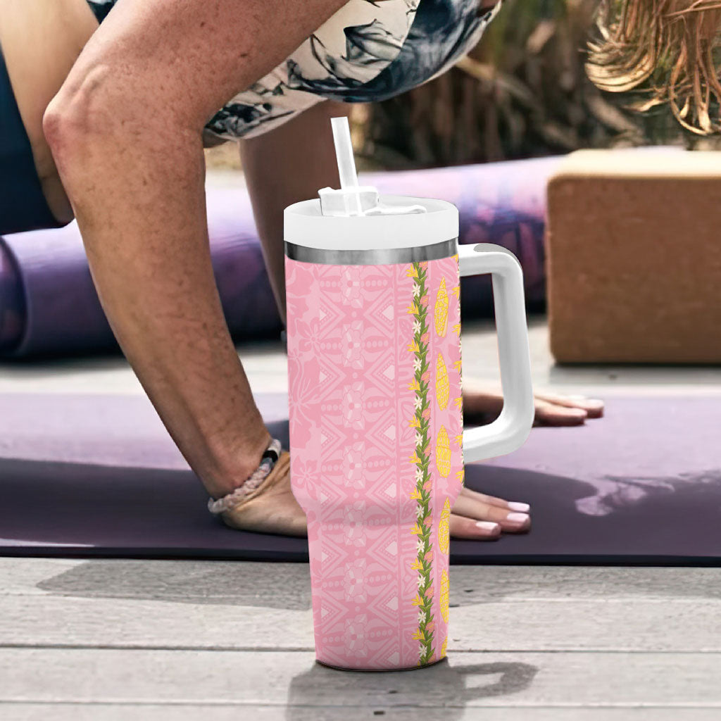 Hawaii Shell Tiare Anthurium Heliconia Lei Tumbler With Handle With Tapa Pattern Baby Pink