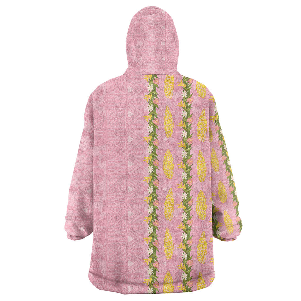 Hawaii Shell Tiare Anthurium Heliconia Lei Wearable Blanket Hoodie With Tapa Pattern Baby Pink