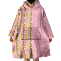 Hawaii Shell Tiare Anthurium Heliconia Lei Wearable Blanket Hoodie With Tapa Pattern Baby Pink