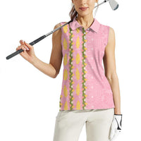 Hawaii Shell Tiare Anthurium Heliconia Lei Women Sleeveless Polo Shirt With Tapa Pattern Baby Pink