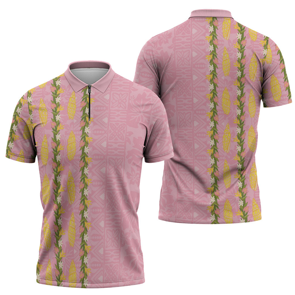 Hawaii Shell Tiare Anthurium Heliconia Lei Zipper Polo Shirt With Tapa Pattern Baby Pink