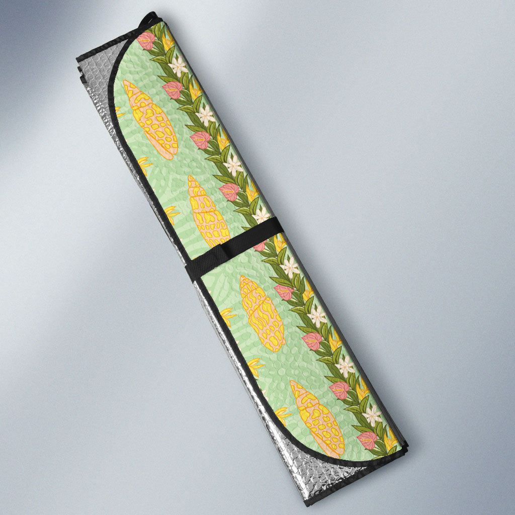 Hawaii Shell Tiare Anthurium Heliconia Lei Auto Sun Shade With Tapa Pattern Baby Green