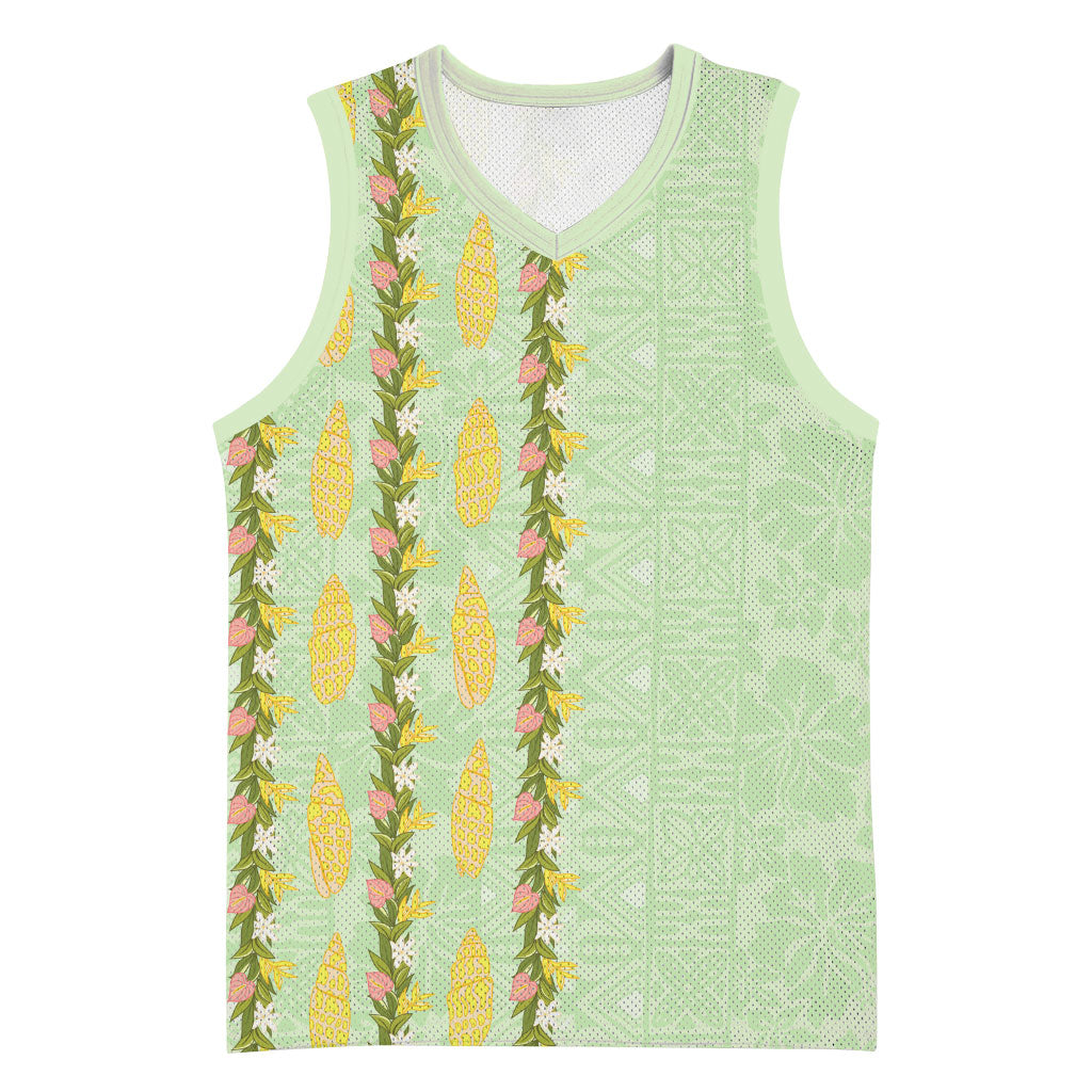 Hawaii Shell Tiare Anthurium Heliconia Lei Basketball Jersey With Tapa Pattern Baby Green