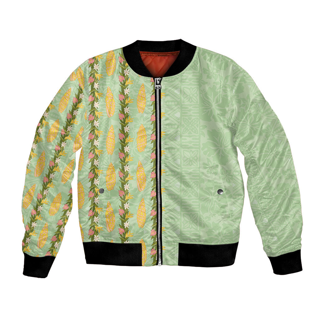 Hawaii Shell Tiare Anthurium Heliconia Lei Bomber Jacket With Tapa Pattern Baby Green