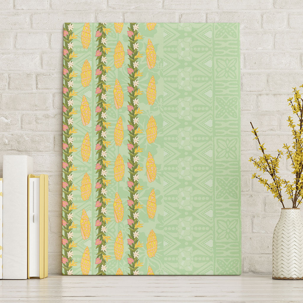 Hawaii Shell Tiare Anthurium Heliconia Lei Canvas Wall Art With Tapa Pattern Baby Green