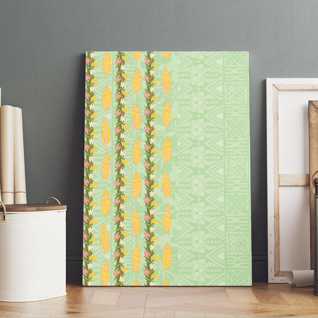 Hawaii Shell Tiare Anthurium Heliconia Lei Canvas Wall Art With Tapa Pattern Baby Green