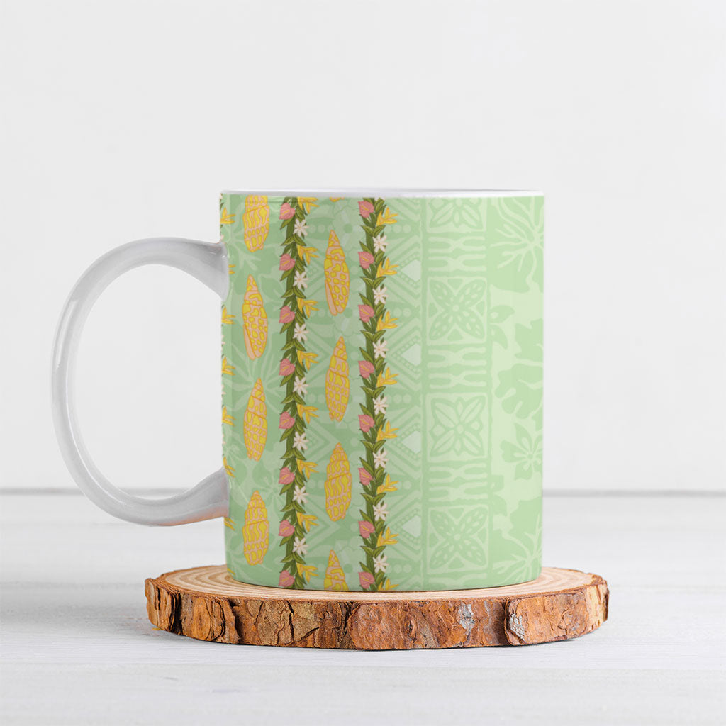 Hawaii Shell Tiare Anthurium Heliconia Lei Ceramic Mug With Tapa Pattern Baby Green
