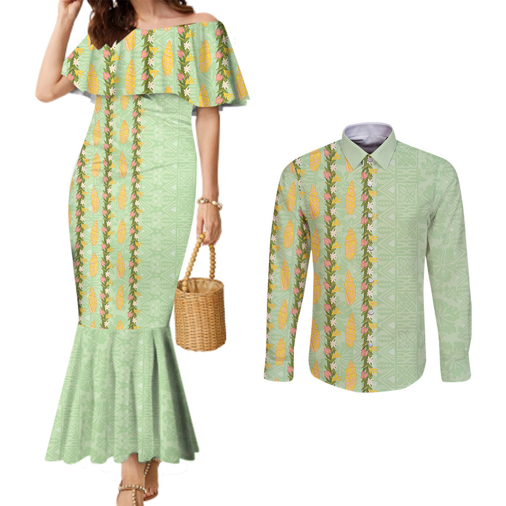 Hawaii Shell Tiare Anthurium Heliconia Lei Couples Matching Mermaid Dress and Long Sleeve Button Shirt With Tapa Pattern Baby Green