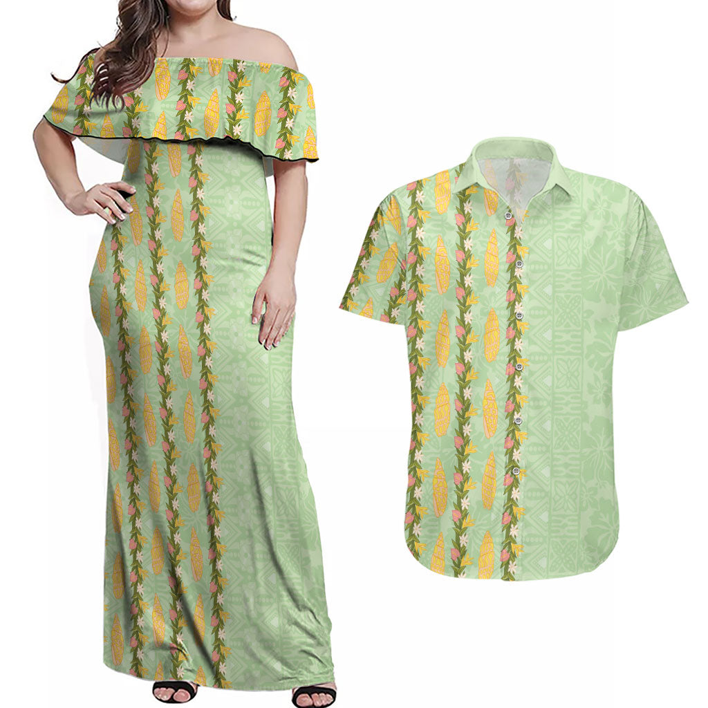 Hawaii Shell Tiare Anthurium Heliconia Lei Couples Matching Off Shoulder Maxi Dress and Hawaiian Shirt With Tapa Pattern Baby Green