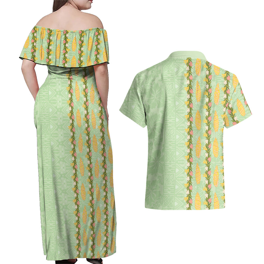 Hawaii Shell Tiare Anthurium Heliconia Lei Couples Matching Off Shoulder Maxi Dress and Hawaiian Shirt With Tapa Pattern Baby Green