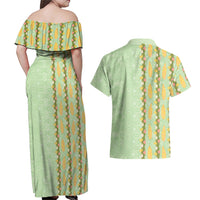 Hawaii Shell Tiare Anthurium Heliconia Lei Couples Matching Off Shoulder Maxi Dress and Hawaiian Shirt With Tapa Pattern Baby Green