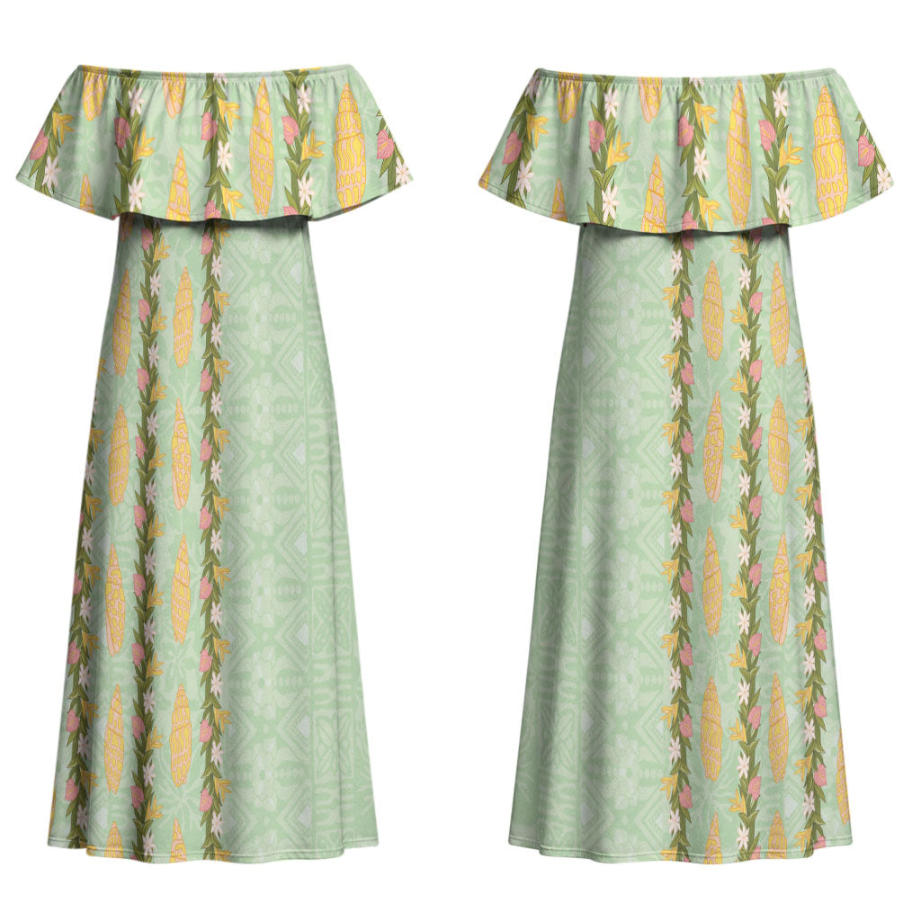 Hawaii Shell Tiare Anthurium Heliconia Lei Couples Matching Off Shoulder Maxi Dress and Long Sleeve Button Shirt With Tapa Pattern Baby Green LT05 - Polynesian Pride