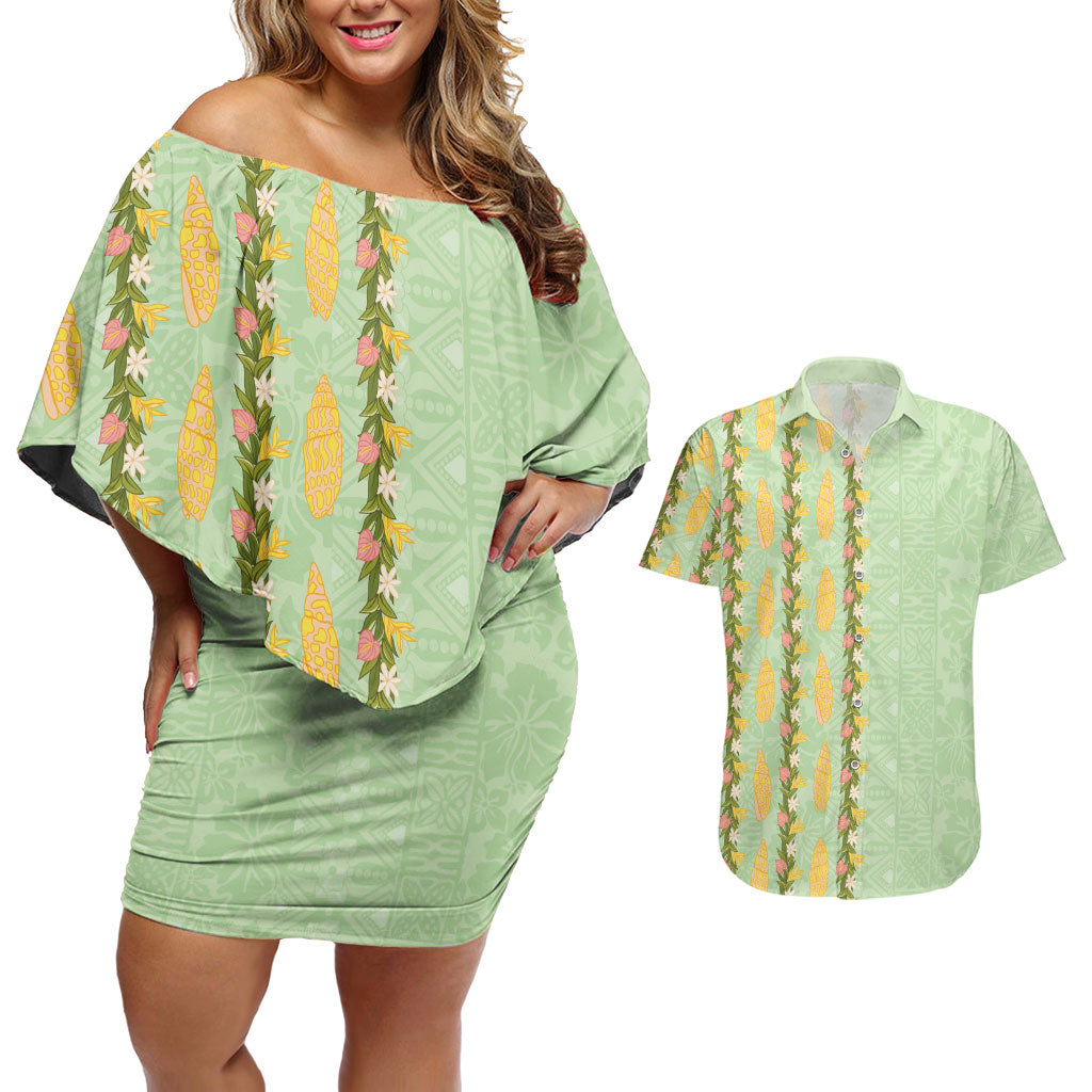 Hawaii Shell Tiare Anthurium Heliconia Lei Couples Matching Off Shoulder Short Dress and Hawaiian Shirt With Tapa Pattern Baby Green