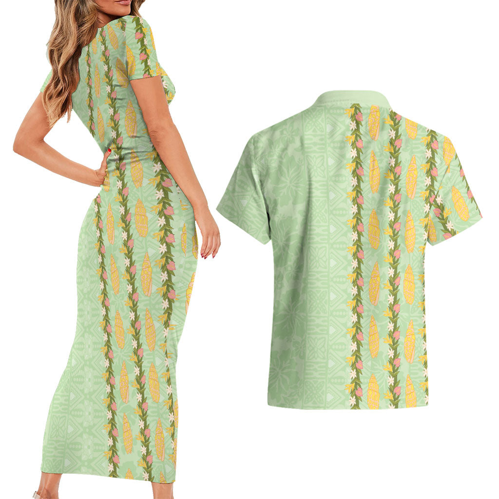 Hawaii Shell Tiare Anthurium Heliconia Lei Couples Matching Short Sleeve Bodycon Dress and Hawaiian Shirt With Tapa Pattern Baby Green