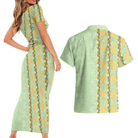 Hawaii Shell Tiare Anthurium Heliconia Lei Couples Matching Short Sleeve Bodycon Dress and Hawaiian Shirt With Tapa Pattern Baby Green