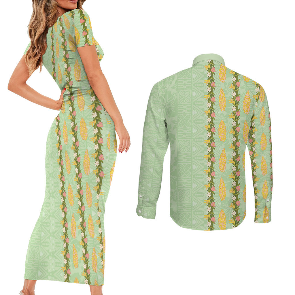 Hawaii Shell Tiare Anthurium Heliconia Lei Couples Matching Short Sleeve Bodycon Dress and Long Sleeve Button Shirt With Tapa Pattern Baby Green