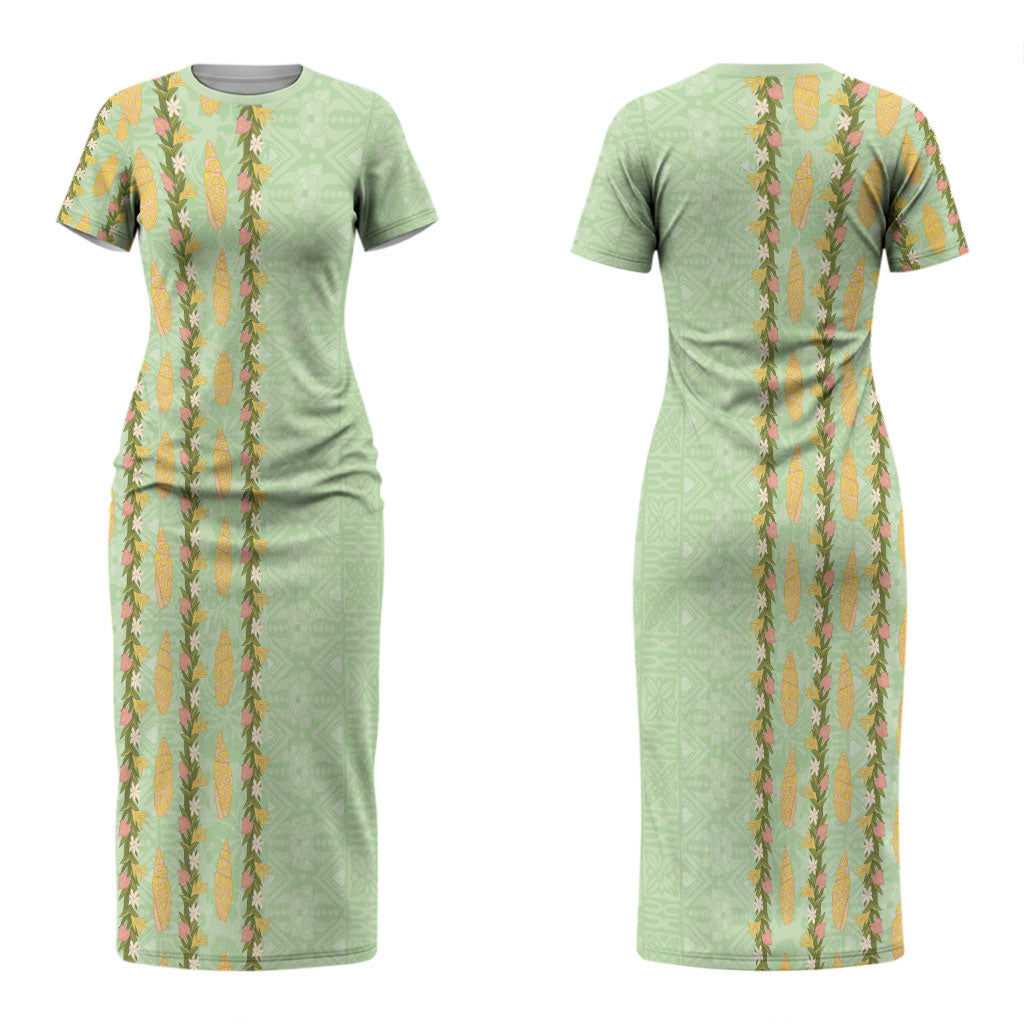 Hawaii Shell Tiare Anthurium Heliconia Lei Couples Matching Short Sleeve Bodycon Dress and Long Sleeve Button Shirt With Tapa Pattern Baby Green LT05 - Polynesian Pride