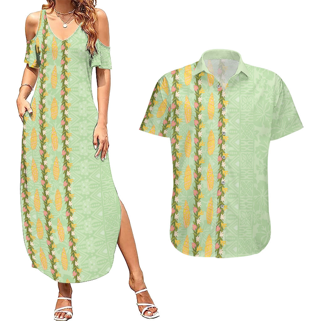 Hawaii Shell Tiare Anthurium Heliconia Lei Couples Matching Summer Maxi Dress and Hawaiian Shirt With Tapa Pattern Baby Green