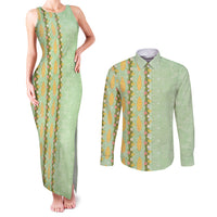 Hawaii Shell Tiare Anthurium Heliconia Lei Couples Matching Tank Maxi Dress and Long Sleeve Button Shirt With Tapa Pattern Baby Green