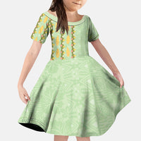 Hawaii Shell Tiare Anthurium Heliconia Lei Family Matching Long Sleeve Bodycon Dress and Hawaiian Shirt With Tapa Pattern Baby Green