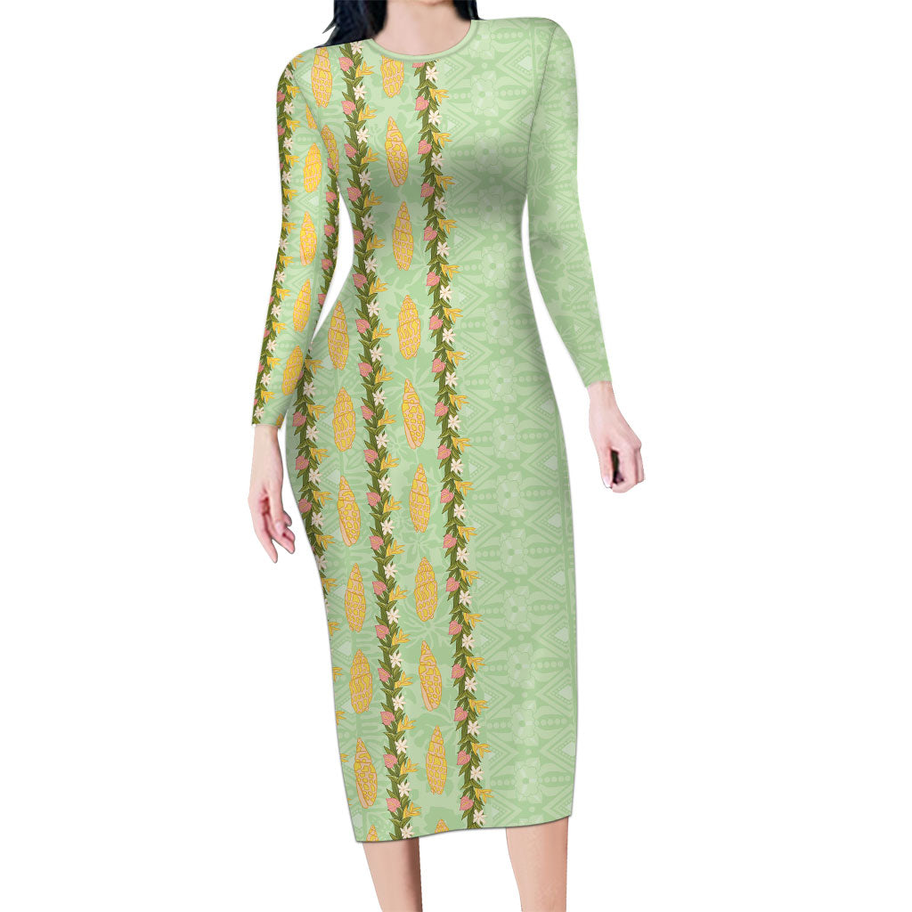 Hawaii Shell Tiare Anthurium Heliconia Lei Family Matching Long Sleeve Bodycon Dress and Hawaiian Shirt With Tapa Pattern Baby Green
