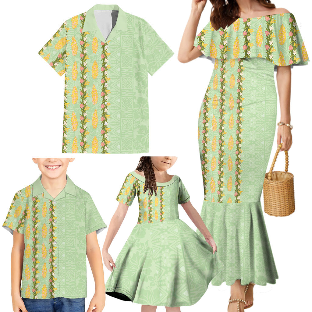 Hawaii Shell Tiare Anthurium Heliconia Lei Family Matching Mermaid Dress and Hawaiian Shirt With Tapa Pattern Baby Green