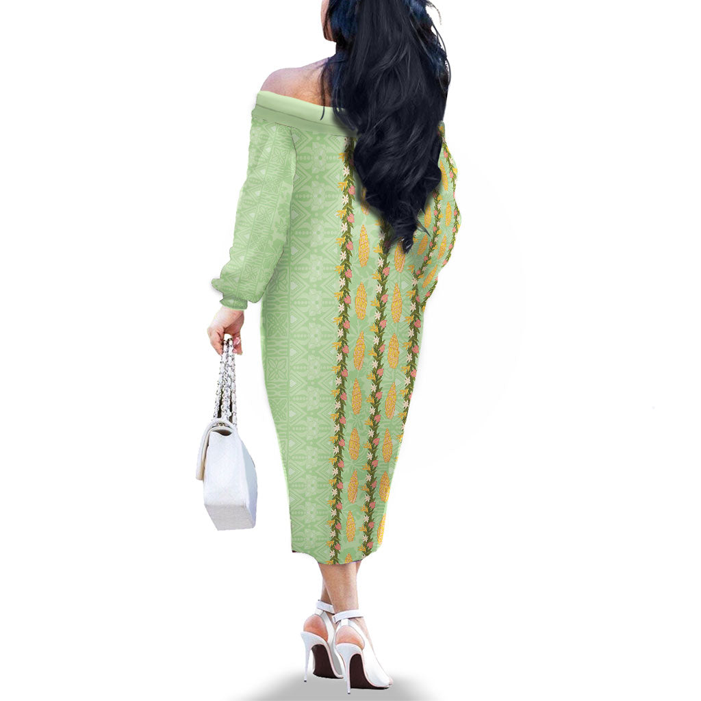 Hawaii Shell Tiare Anthurium Heliconia Lei Family Matching Off The Shoulder Long Sleeve Dress and Hawaiian Shirt With Tapa Pattern Baby Green