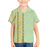 Hawaii Shell Tiare Anthurium Heliconia Lei Family Matching Off The Shoulder Long Sleeve Dress and Hawaiian Shirt With Tapa Pattern Baby Green