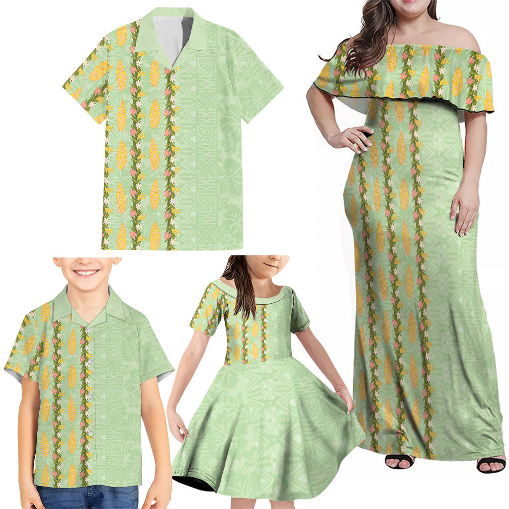 Hawaii Shell Tiare Anthurium Heliconia Lei Family Matching Off Shoulder Maxi Dress and Hawaiian Shirt With Tapa Pattern Baby Green