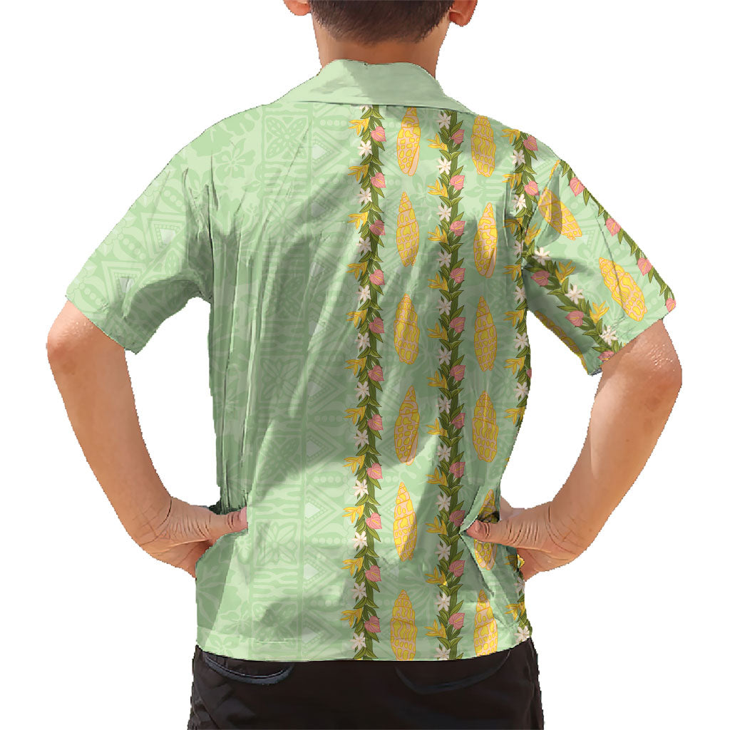 Hawaii Shell Tiare Anthurium Heliconia Lei Family Matching Off Shoulder Short Dress and Hawaiian Shirt With Tapa Pattern Baby Green