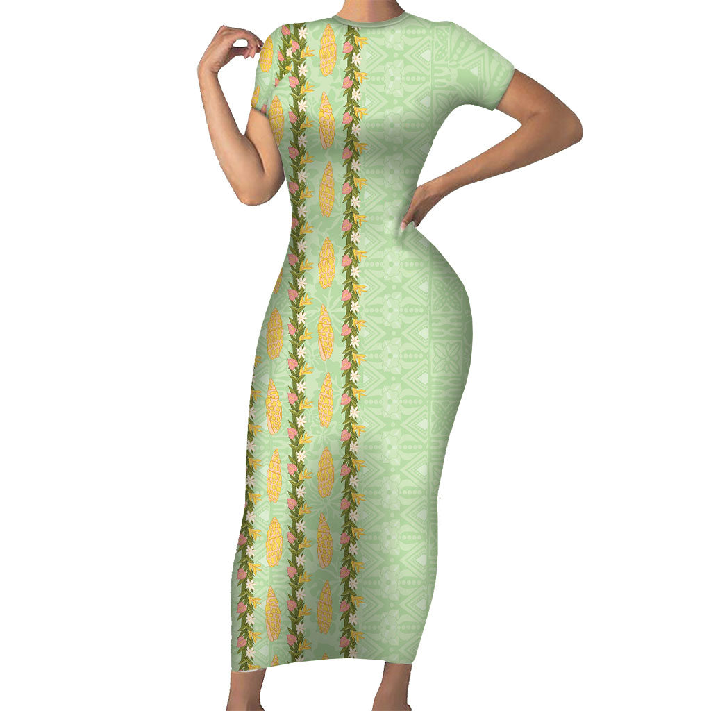 Hawaii Shell Tiare Anthurium Heliconia Lei Family Matching Short Sleeve Bodycon Dress and Hawaiian Shirt With Tapa Pattern Baby Green