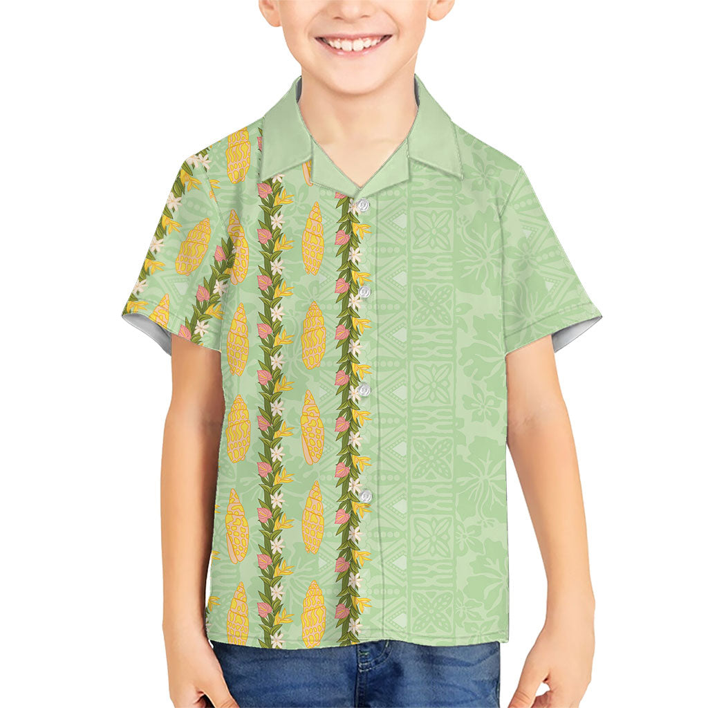 Hawaii Shell Tiare Anthurium Heliconia Lei Family Matching Short Sleeve Bodycon Dress and Hawaiian Shirt With Tapa Pattern Baby Green