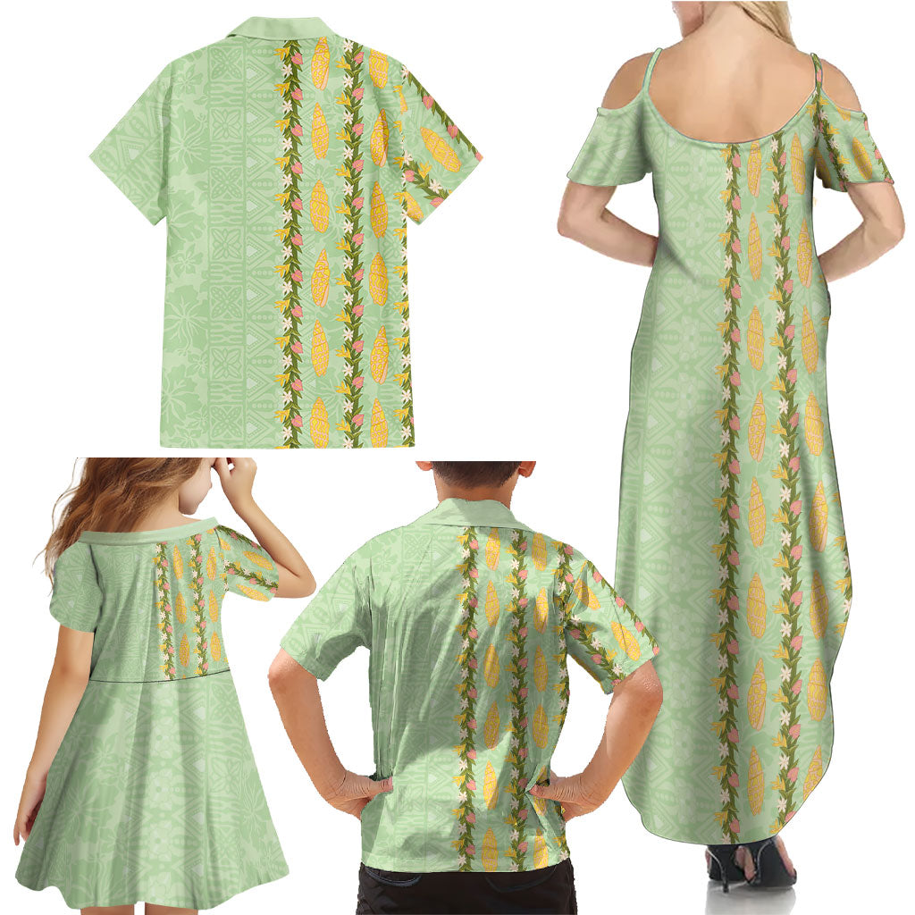 Hawaii Shell Tiare Anthurium Heliconia Lei Family Matching Summer Maxi Dress and Hawaiian Shirt With Tapa Pattern Baby Green