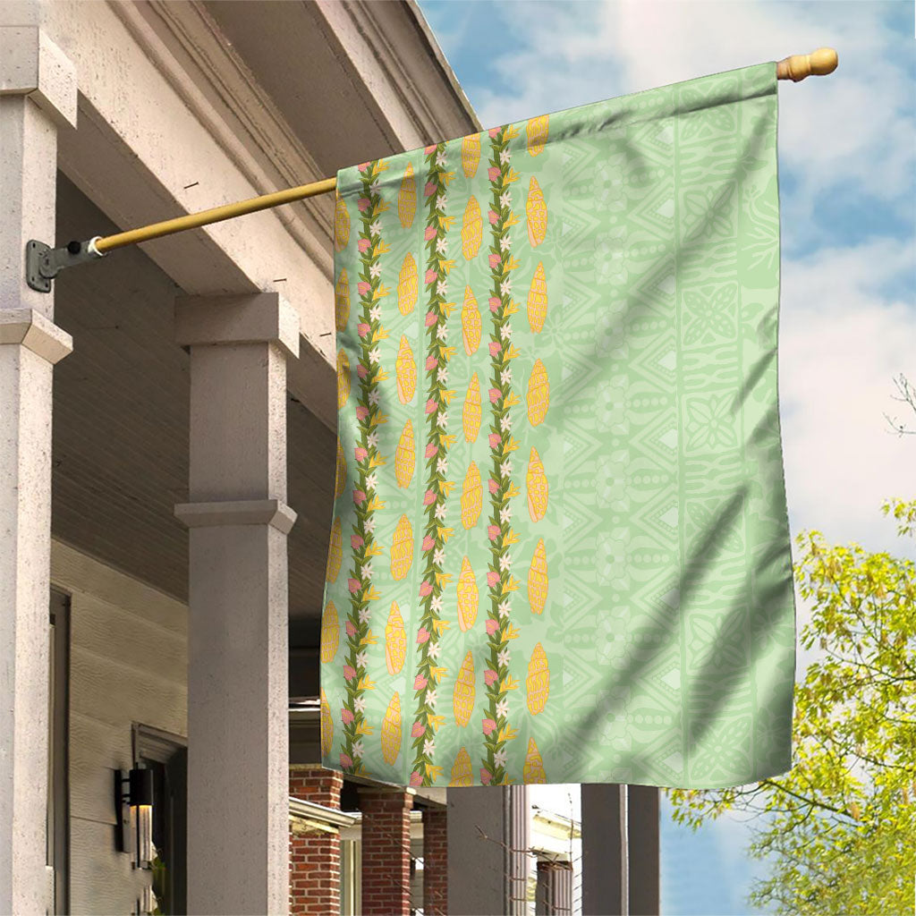 Hawaii Shell Tiare Anthurium Heliconia Lei Garden Flag With Tapa Pattern Baby Green