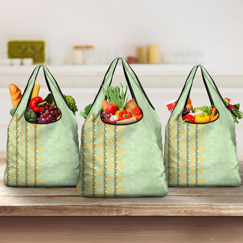 Hawaii Shell Tiare Anthurium Heliconia Lei Grocery Bag With Tapa Pattern Baby Green
