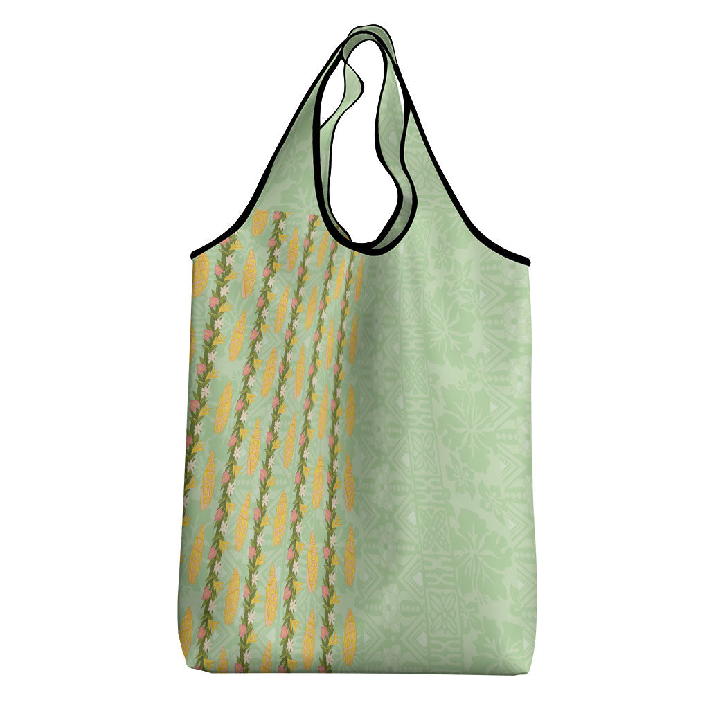 Hawaii Shell Tiare Anthurium Heliconia Lei Grocery Bag With Tapa Pattern Baby Green