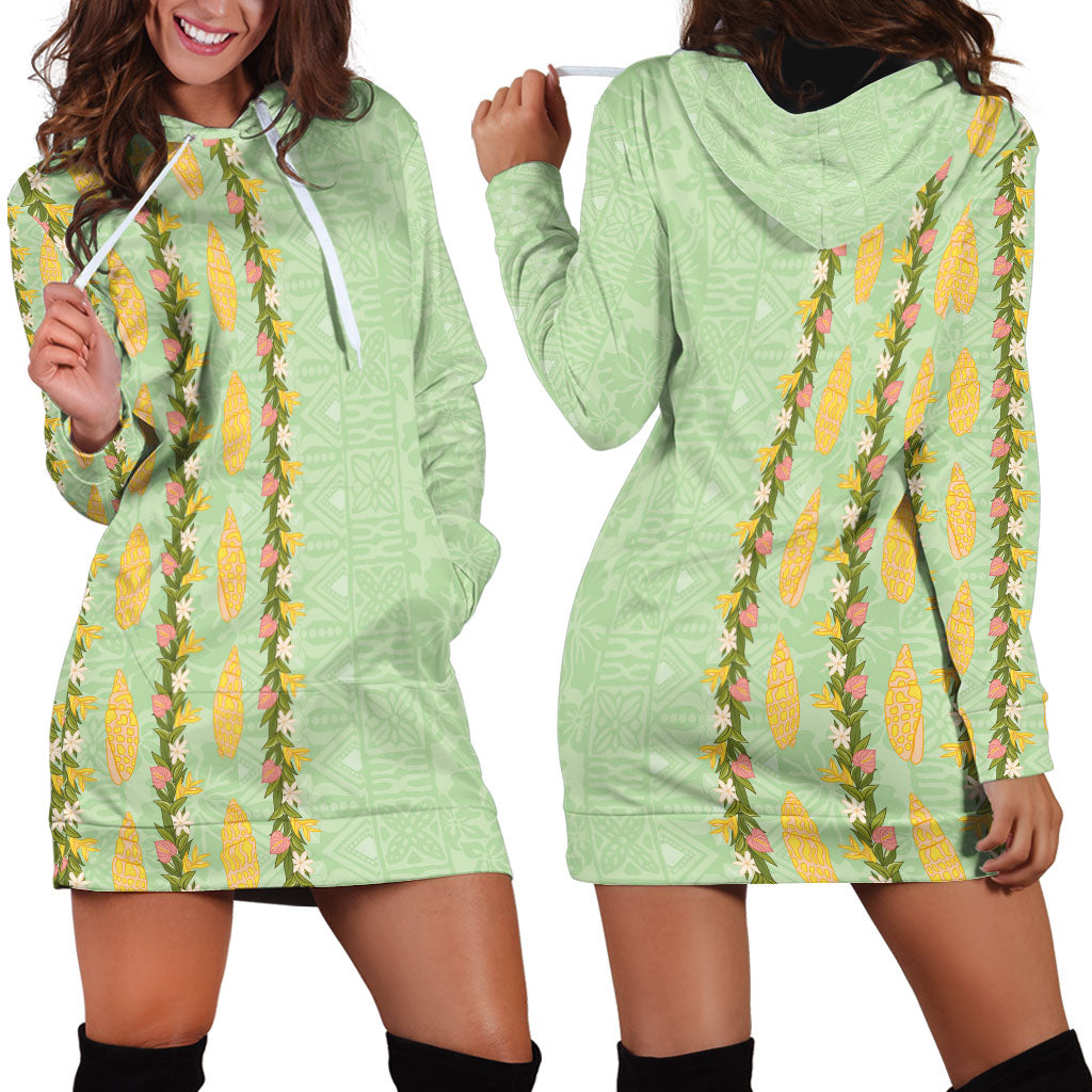 Hawaii Shell Tiare Anthurium Heliconia Lei Hoodie Dress With Tapa Pattern Baby Green