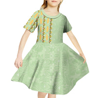 Hawaii Shell Tiare Anthurium Heliconia Lei Kid Short Sleeve Dress With Tapa Pattern Baby Green