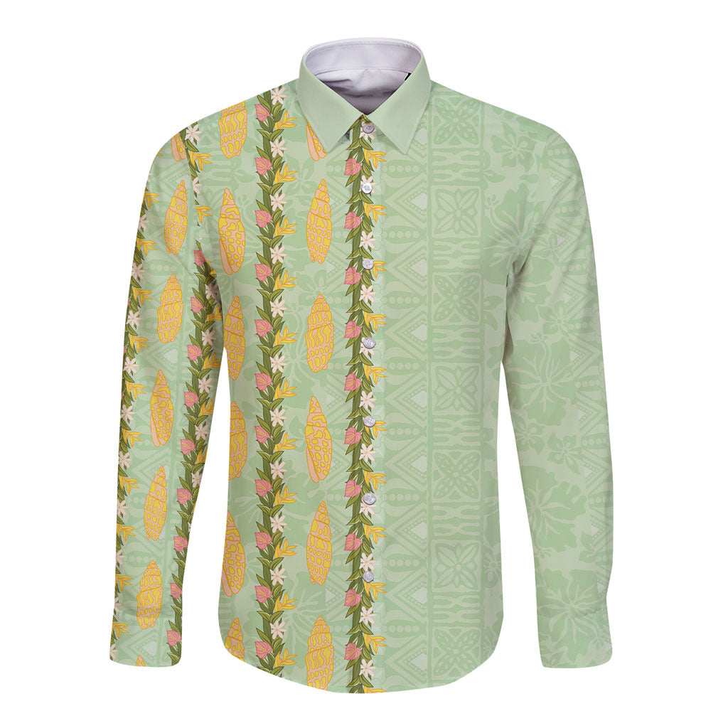 Hawaii Shell Tiare Anthurium Heliconia Lei Long Sleeve Button Shirt With Tapa Pattern Baby Green