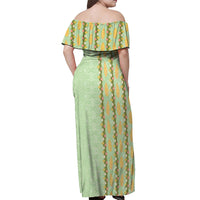 Hawaii Shell Tiare Anthurium Heliconia Lei Off Shoulder Maxi Dress With Tapa Pattern Baby Green