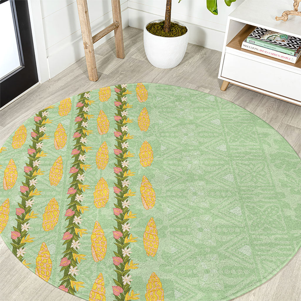 Hawaii Shell Tiare Anthurium Heliconia Lei Round Carpet With Tapa Pattern Baby Green