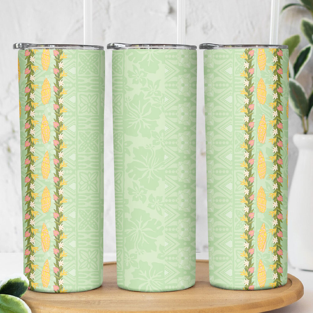 Hawaii Shell Tiare Anthurium Heliconia Lei Skinny Tumbler With Tapa Pattern Baby Green